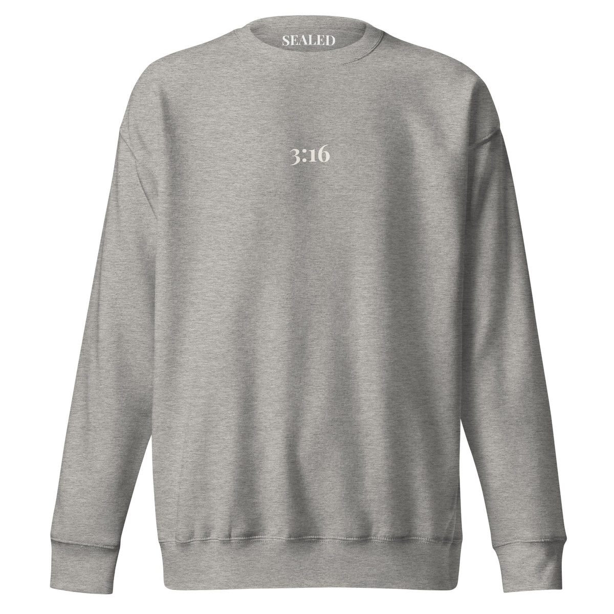3:16 print on Carbon Grey crewneck sweatshirt, SEALED Christian clothing