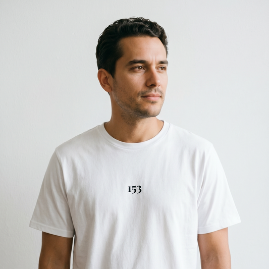 Man wearing a white t-shirt with a small 153 logo on a plain background