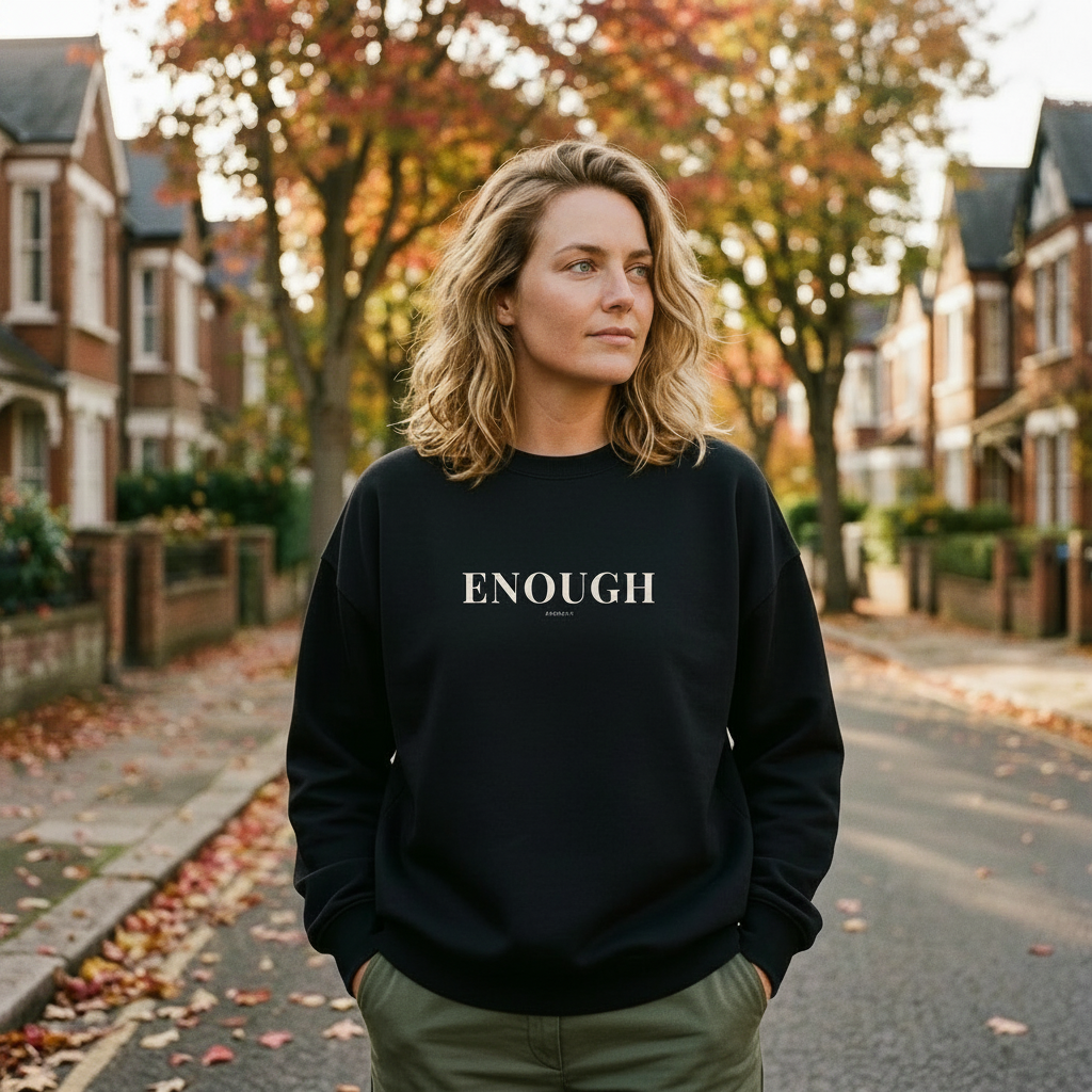 Person wearing a black sweatshirt with 'ENOUGH' text in an autumnal street setting