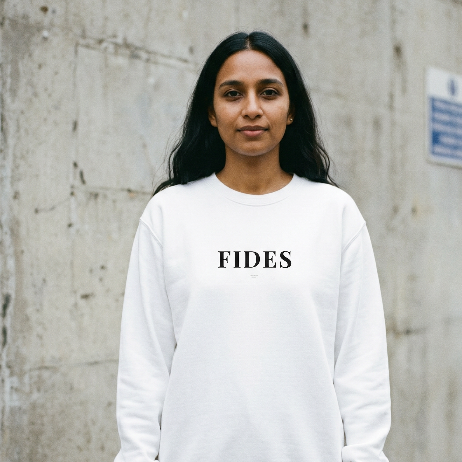 Person wearing a white sweatshirt with 'FIDES' text against a concrete wall.