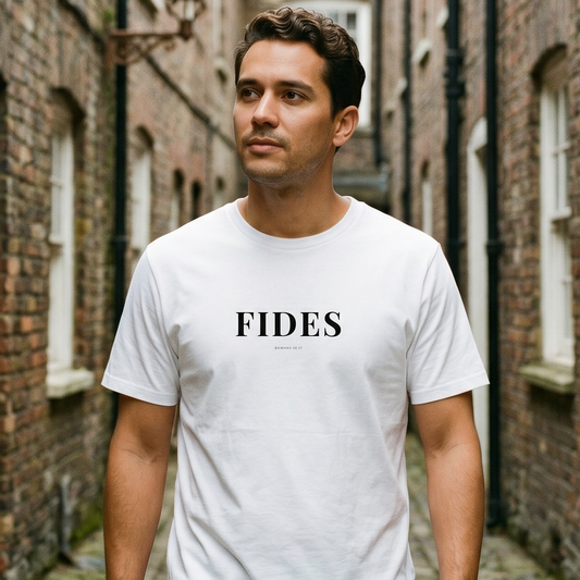 Man wearing a white t-shirt with 'FIDES' text in a narrow brick alley.