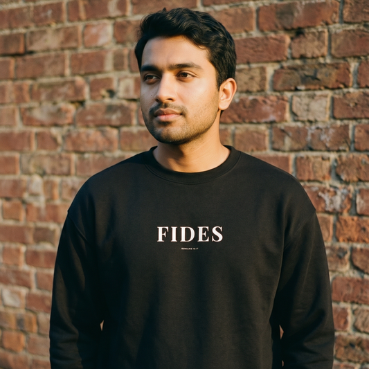 Man wearing a black sweatshirt with 'FIDES' text against a brick wall