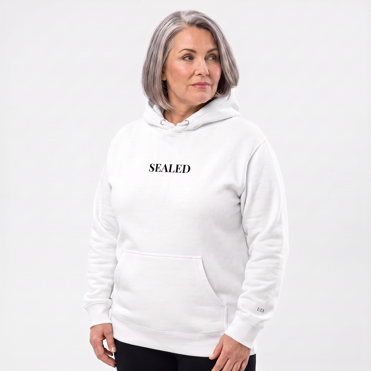 SEALED wordmark hoodie, black embroidery at the left chest, 1:13 stitched at the cuff