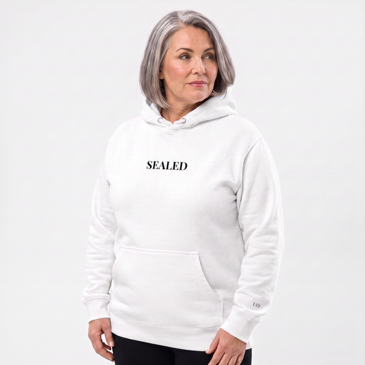 SEALED wordmark hoodie, black embroidery at the left chest, 1:13 stitched at the cuff