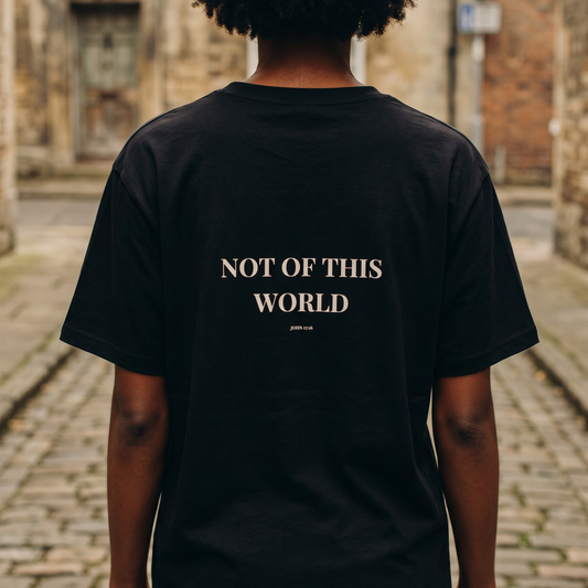 Person wearing a black t-shirt with 'Not of This World' text on a cobblestone street.