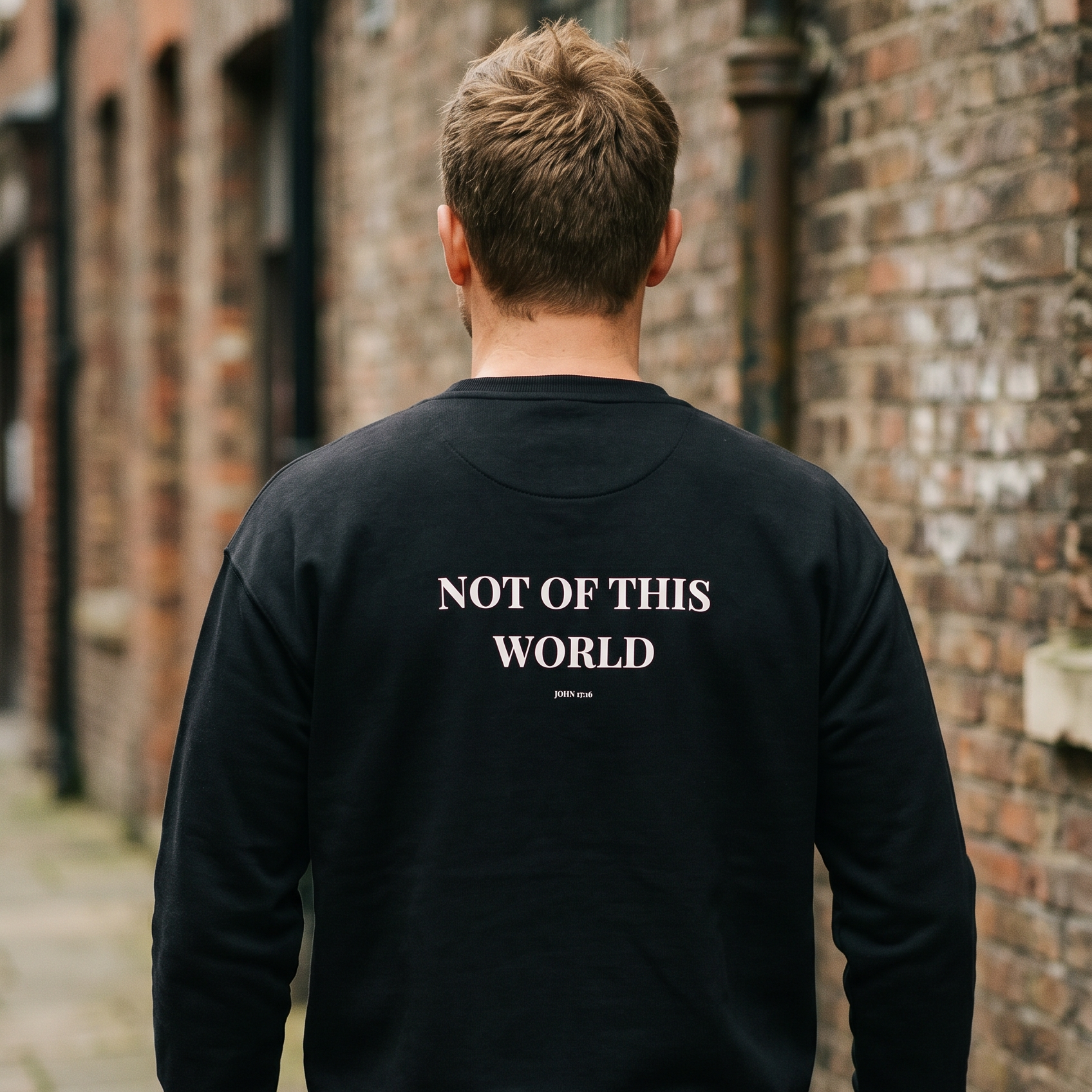 Person wearing a black hoodie with 'Not of This World' text on the back, standing in an alleyway.