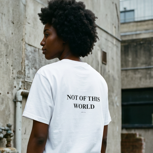 Person wearing a white t-shirt with 'Not of This World' text, standing in an urban setting.