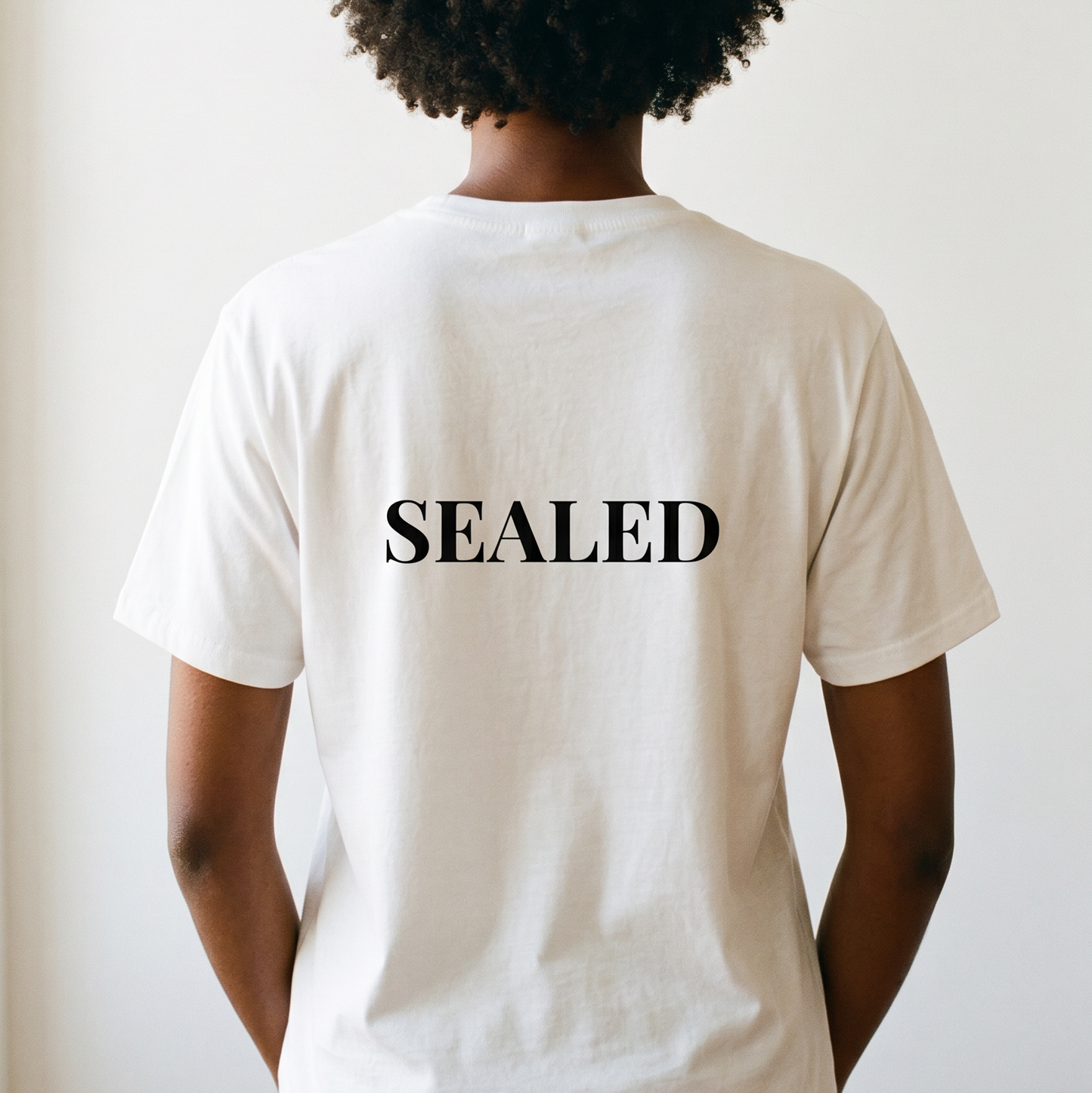 Person wearing a white t-shirt with 'SEALED' printed on the back against a plain background
