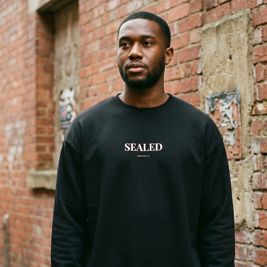 Man wearing a black sweatshirt with 'SEALED' text against a brick wall.
