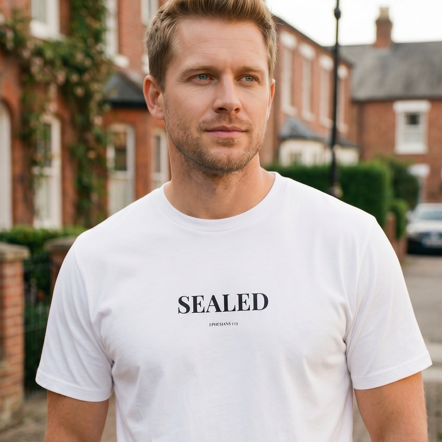 Man wearing a white t-shirt with 'SEALED' text standing on a residential street.