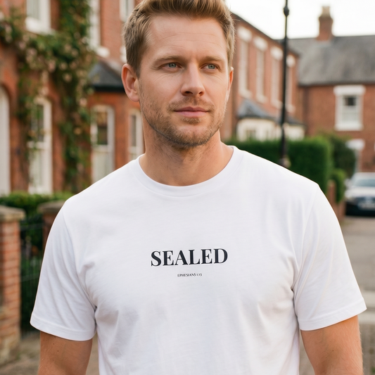 Man wearing a white t-shirt with 'SEALED' text standing on a residential street.