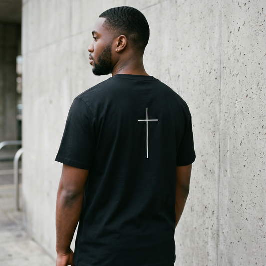 Man wearing a black t-shirt with a white cross on the back, standing against a concrete wall.