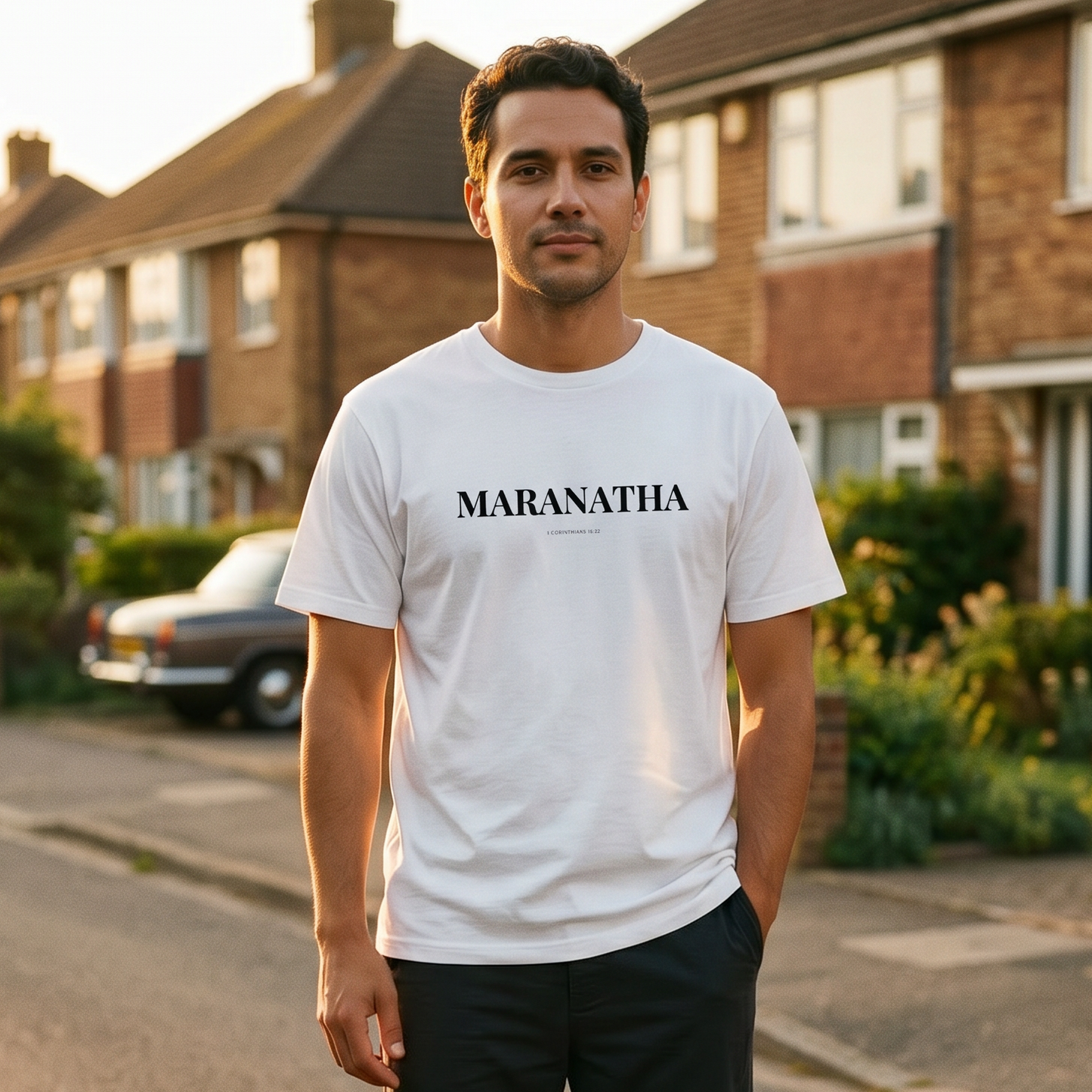 Man wearing a white t-shirt with 'MARANATHA' printed on it, standing on a residential street.