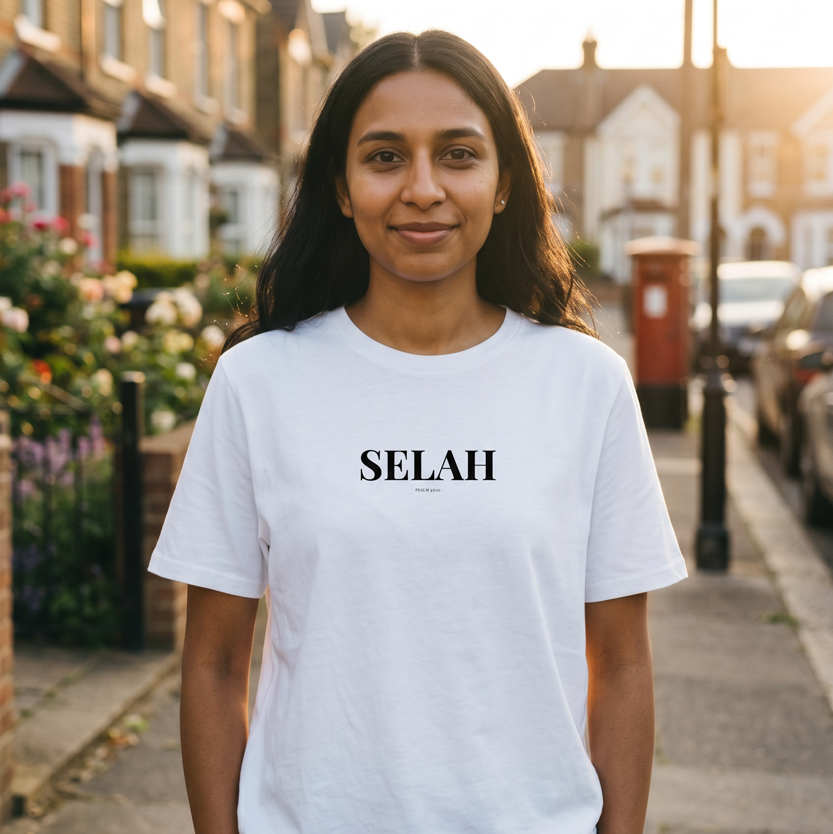 Person wearing a white t-shirt with 'SELAH' printed on it, standing on a residential street.