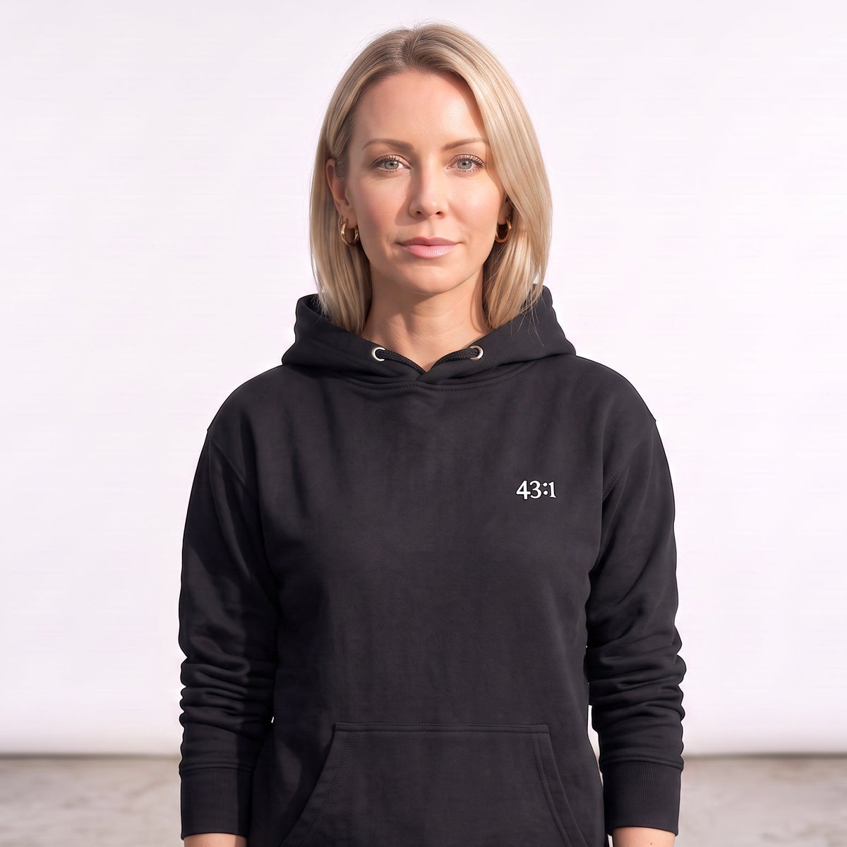 43:1 hoodie in black, white embroidery reading 43:1 at the left chest, Isaiah 43:1, SEALED