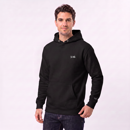 3:16 hoodie, white embroidery at the left chest, John 3:16, SEALED