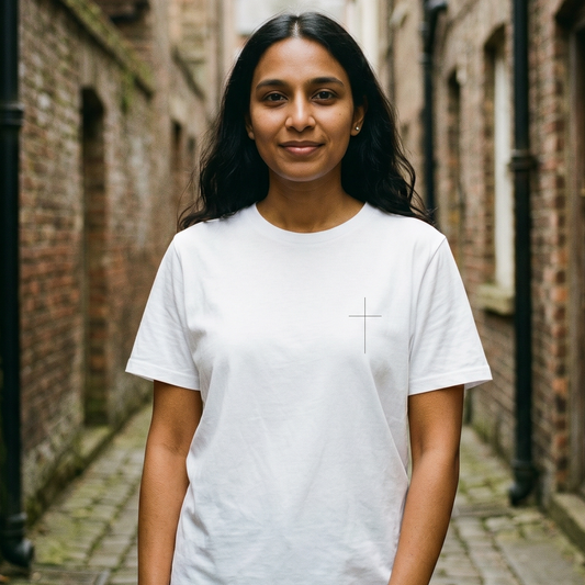 Woman wearing a white t-shirt standing in a narrow alley with brick walls.