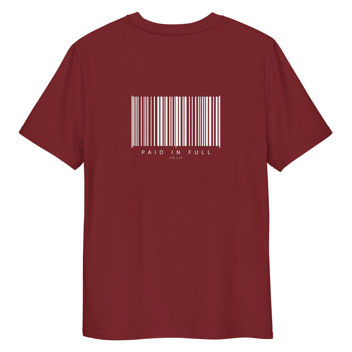 Paid In Full print on Burgundy organic tee, SEALED Christian clothing