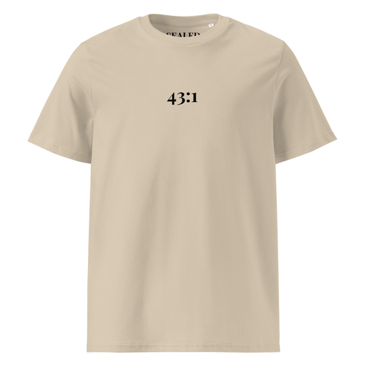 43:1 print on Desert Dust organic tee, SEALED Christian clothing