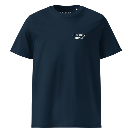 already known print on French Navy organic tee, SEALED Christian clothing