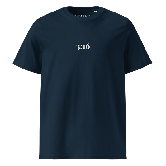 3:16 print on French Navy organic tee, SEALED Christian clothing
