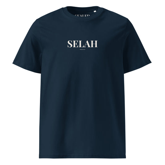 SELAH print on French Navy organic tee, SEALED Christian clothing