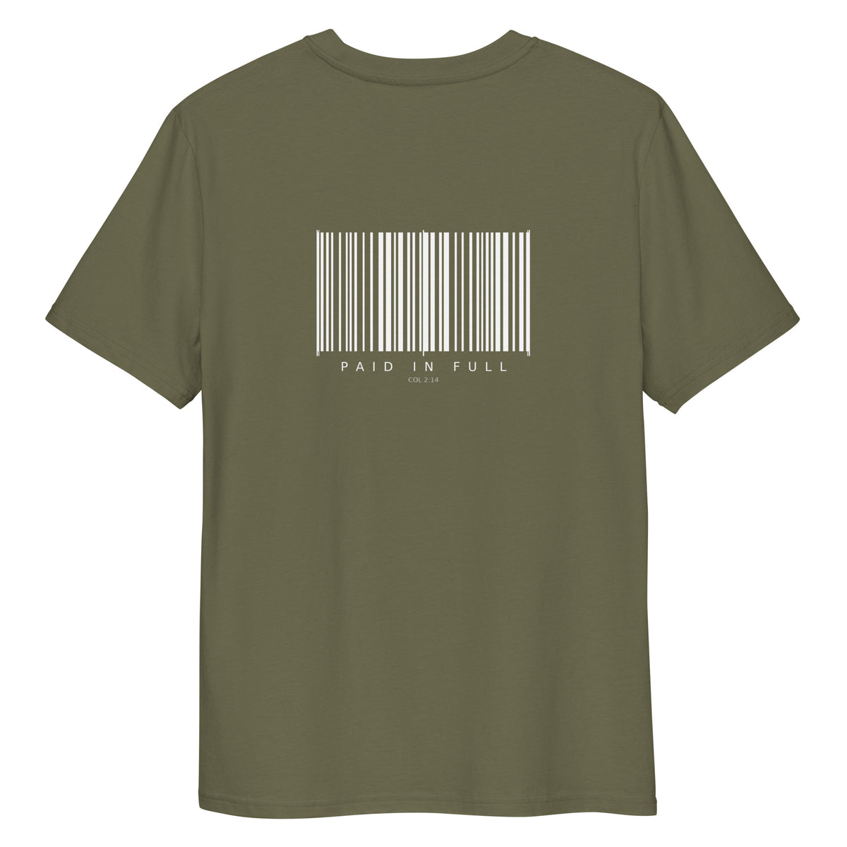 Paid In Full print on Khaki organic tee, SEALED Christian clothing