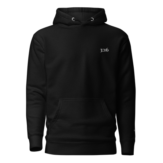3:16 hoodie, white embroidery at the left chest, John 3:16, SEALED
