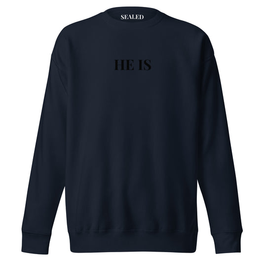 HE IS print on Navy Blazer crewneck sweatshirt, SEALED Christian clothing