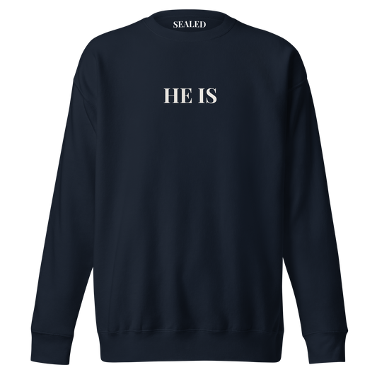 HE IS print on Navy Blazer crewneck sweatshirt, SEALED Christian clothing