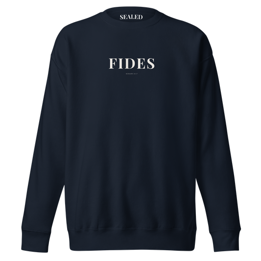 FIDES print on Navy Blazer crewneck sweatshirt, SEALED Christian clothing