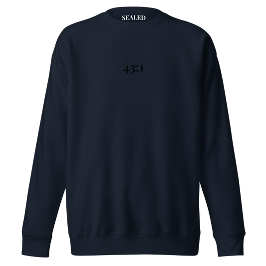 43:1 print on Navy Blazer crewneck sweatshirt, SEALED Christian clothing