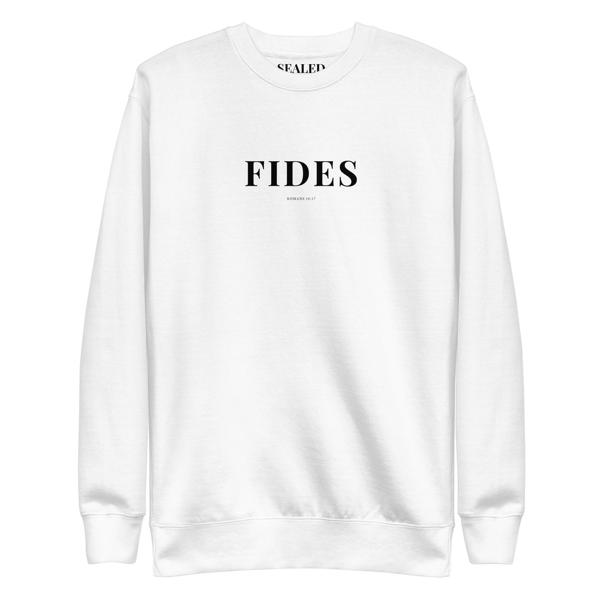 FIDES print on White crewneck sweatshirt, SEALED Christian clothing