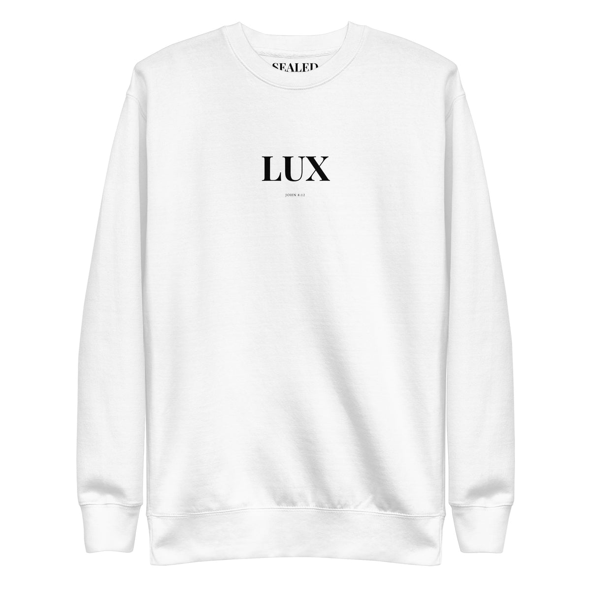LUX print on White crewneck sweatshirt, SEALED Christian clothing